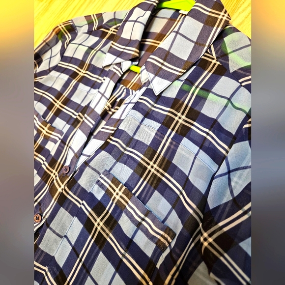 Express Portofino Sheer Plaid Button-Down Blouse - Picture 4 of 6